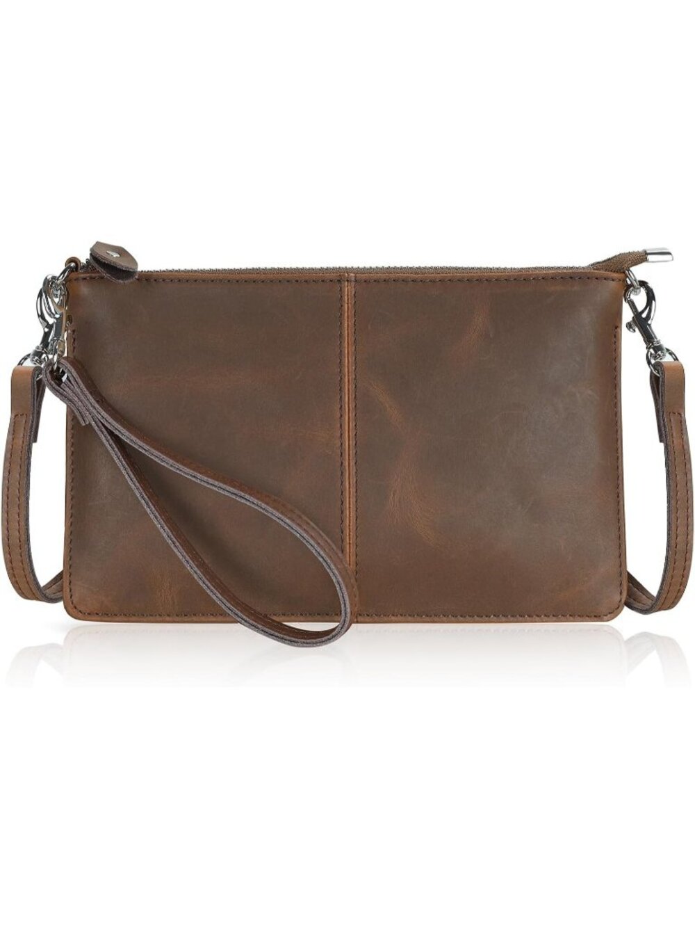 Women's Brown Genuine Leather Wristlet Clutch Phone Wallet Small Crossbody Purse